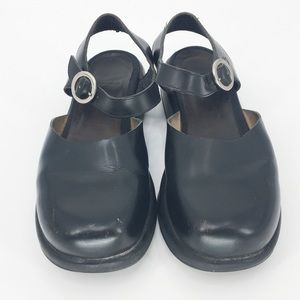 Dansko Black Mary Jane Open Back Buckle Clogs
